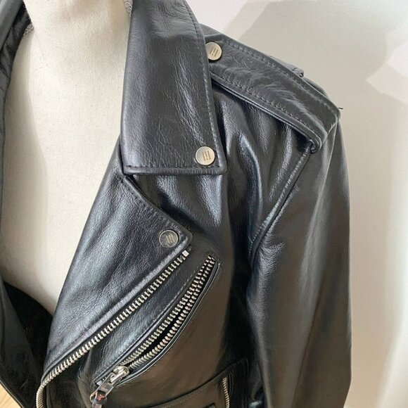 MASTER SUPPLY MEN'S BLACK HANDMADE LEATHER RED STITCHING ZIP UP MOTO JACKET - M - Picture 5 of 13